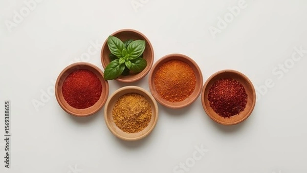 Fototapeta A bird's eye view of a variety of herbs and spices neatly arranged on a plain background, showcasing vibrant colors and textures, highlighting important ingredients for delicious cooking