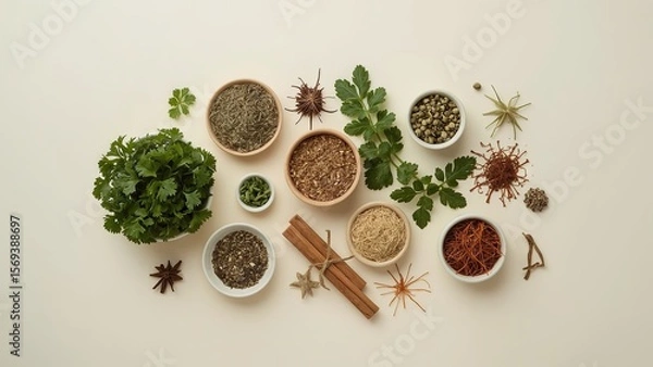 Fototapeta A bird's eye view of a variety of herbs and spices neatly arranged on a plain background, showcasing vibrant colors and textures, highlighting important ingredients for delicious cooking