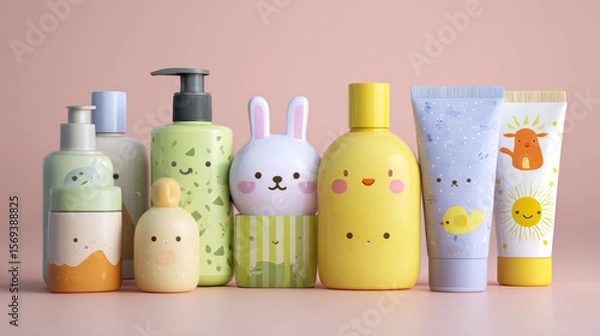 Fototapeta Baby skincare product set featuring kid-friendly designed bottles and tubes for shampoo, soap, cream, and more