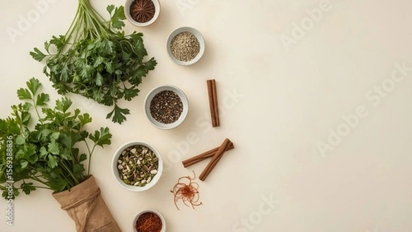 Fototapeta A bird's eye view of a variety of herbs and spices neatly arranged on a plain background, showcasing vibrant colors and textures, highlighting important ingredients for delicious cooking