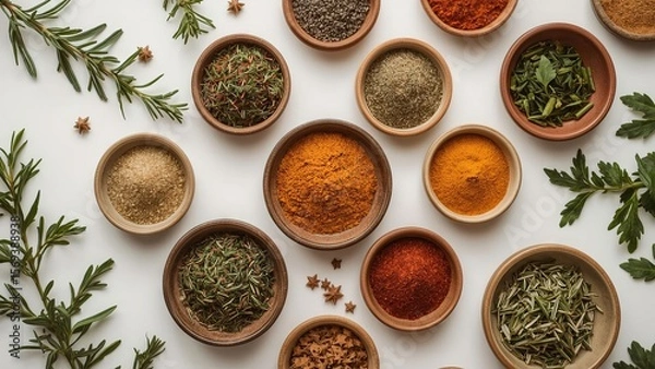 Fototapeta A bird's eye view of a variety of herbs and spices neatly arranged on a plain background, showcasing vibrant colors and textures, highlighting important ingredients for delicious cooking