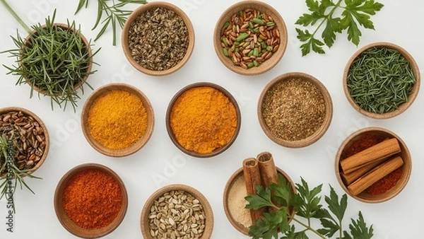 Fototapeta A bird's eye view of a variety of herbs and spices neatly arranged on a plain background, showcasing vibrant colors and textures, highlighting important ingredients for delicious cooking