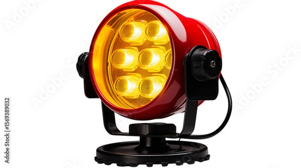 Fototapeta Bright red LED spotlight with powerful illumination isolated on transparent background