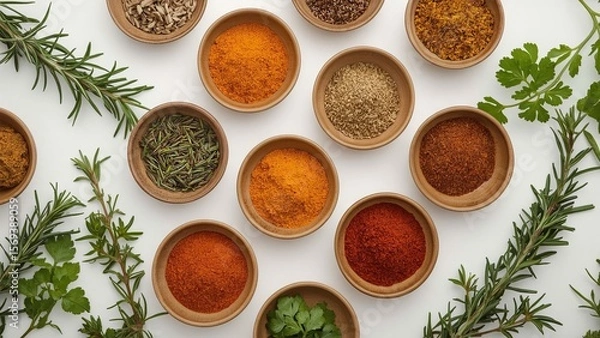 Fototapeta A bird's eye view of a variety of herbs and spices neatly arranged on a plain background, showcasing vibrant colors and textures, highlighting important ingredients for delicious cooking