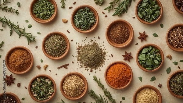 Fototapeta A bird's eye view of a variety of herbs and spices neatly arranged on a plain background, showcasing vibrant colors and textures, highlighting important ingredients for delicious cooking