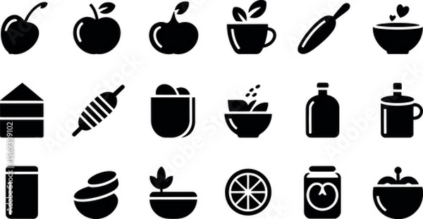 Fototapeta Vector food and drink icons:  minimalist black glyph style.