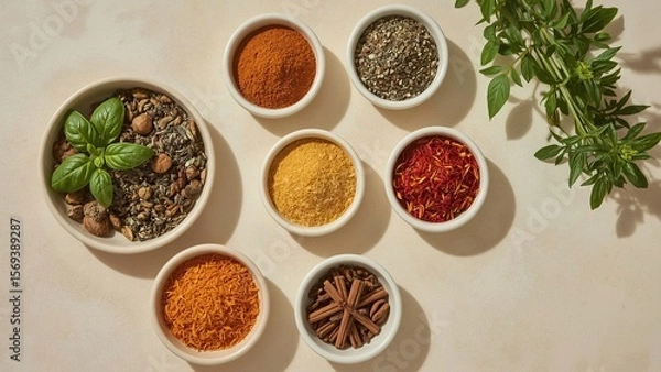Fototapeta A bird's eye view of a variety of herbs and spices neatly arranged on a plain background, showcasing vibrant colors and textures, highlighting important ingredients for delicious cooking