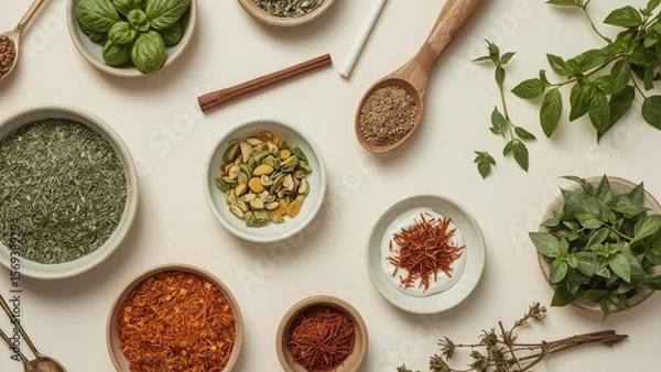 Fototapeta A bird's eye view of a variety of herbs and spices neatly arranged on a plain background, showcasing vibrant colors and textures, highlighting important ingredients for delicious cooking