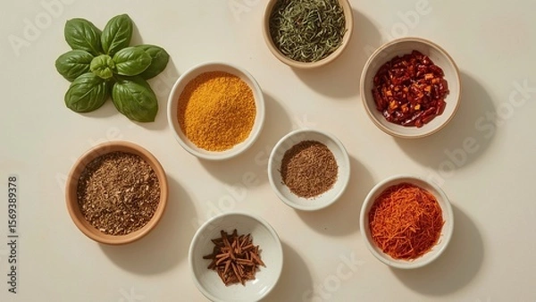 Fototapeta A bird's eye view of a variety of herbs and spices neatly arranged on a plain background, showcasing vibrant colors and textures, highlighting important ingredients for delicious cooking