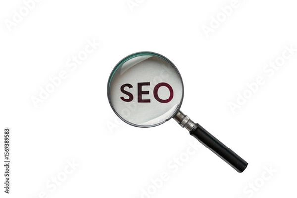 Fototapeta Magnifying glass over the letters seo on a white surface isolated on transparent background