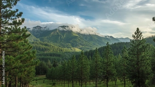 Fototapeta Majestic green mountains covered with dense pine forests stretching across the landscape, evoking a sense of natural beauty, tranquility, wilderness, and the timeless power of untouched alpine scenery