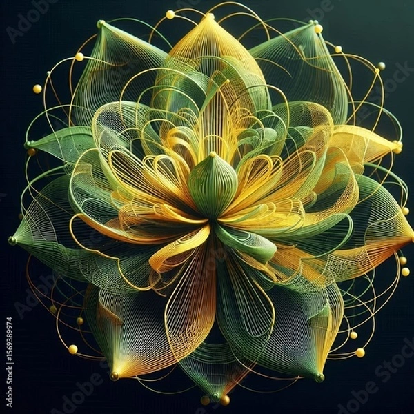 Fototapeta Stunning digital artworks featuring intricate, glowing flowers with wireframe petals, golden spheres, and vibrant colors against dark backgrounds. AI generated.
