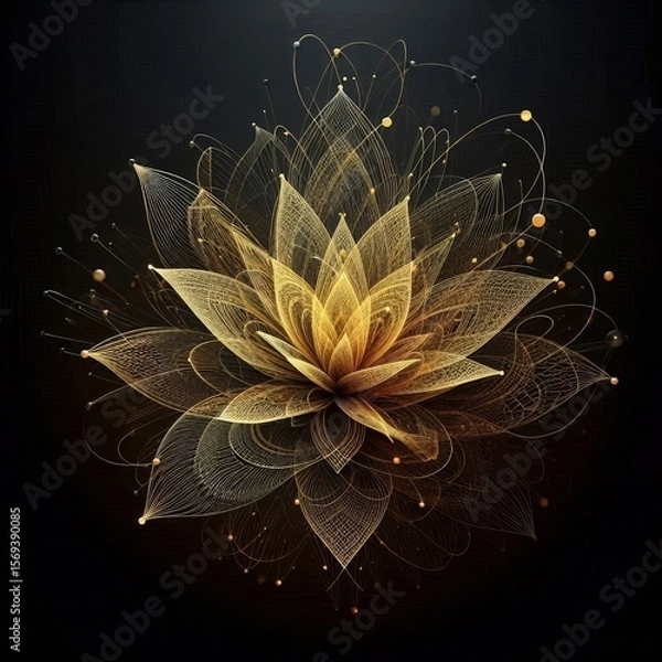 Fototapeta Stunning digital artworks featuring intricate, glowing flowers with wireframe petals, golden spheres, and vibrant colors against dark backgrounds. AI generated.
