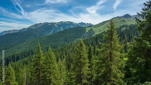 Fototapeta Majestic green mountains covered with dense pine forests stretching across the landscape, evoking a sense of natural beauty, tranquility, wilderness, and the timeless power of untouched alpine scenery