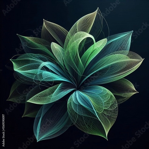 Fototapeta Stunning digital artworks featuring intricate, glowing flowers with wireframe petals, golden spheres, and vibrant colors against dark backgrounds. AI generated.
