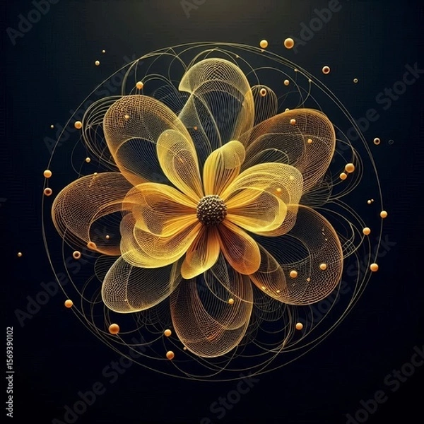 Fototapeta Stunning digital artworks featuring intricate, glowing flowers with wireframe petals, golden spheres, and vibrant colors against dark backgrounds. AI generated.

