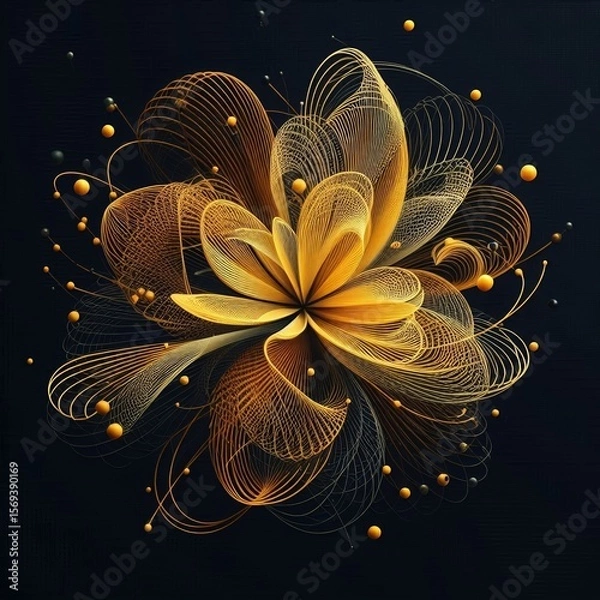 Fototapeta Stunning digital artworks featuring intricate, glowing flowers with wireframe petals, golden spheres, and vibrant colors against dark backgrounds. AI generated.
