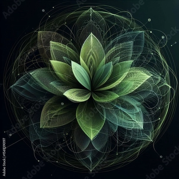 Fototapeta Stunning digital artworks featuring intricate, glowing flowers with wireframe petals, golden spheres, and vibrant colors against dark backgrounds. AI generated.
