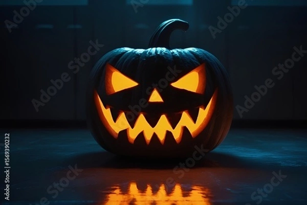 Obraz Spooky Glowing Jack-o'-Lantern in Dark Room with Reflective Surface – Halloween Horror Art