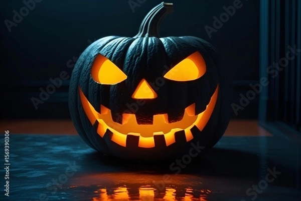 Obraz Spooky Glowing Jack-o'-Lantern in Dark Room with Reflective Surface – Halloween Horror Art