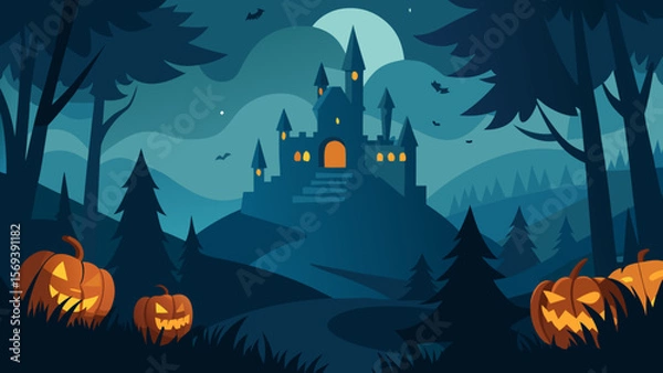 Fototapeta Haunted castle in the distant background seen from a dark spooky forest road