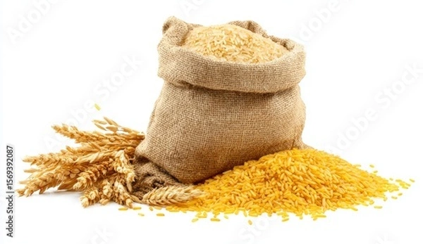 Fototapeta bag of wheat on a white background. a sack of rice and a sack of wheat. a teddy bear sitting on top of a pile of food