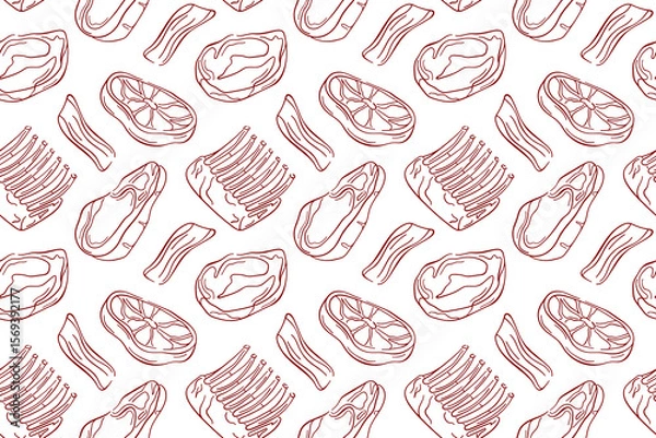 Fototapeta Seamless pattern of line art style steak, bacon, ribs and meat cut on white background. Perfect for butcher packaging, kitchen decor, food menu, grill restaurant or barbecue design.