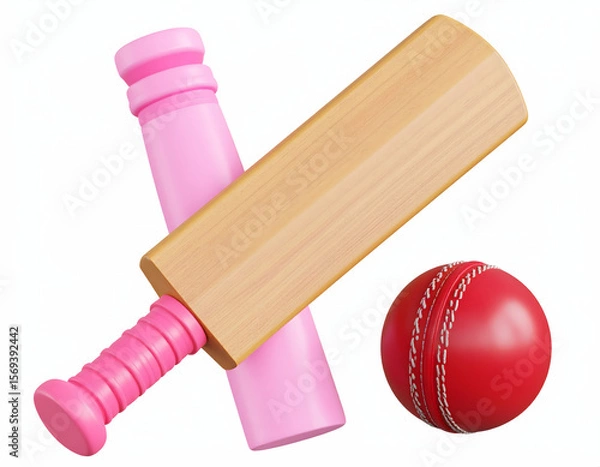 Fototapeta A vibrant 3D render celebrating the spirit of cricket with a bat ball and wicket setup against white