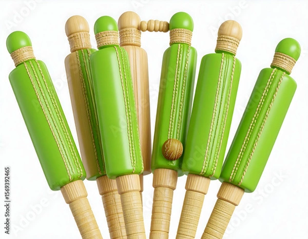 Fototapeta A collection of green and tan handcrafted bowling pins reminiscent of a whimsical game under soft