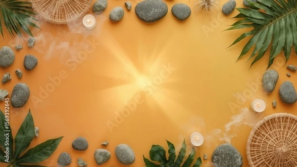 Fototapeta Natural arrangement of smooth sea pebbles and scattered leaves on a sandy surface with copy space, creating a serene, minimalist composition perfect for themes of relaxation, nature, and tranquility
