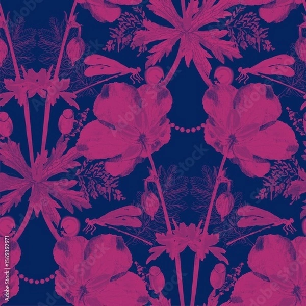 Fototapeta Wild flowers seamless pattern on dark background pink on blue fuchsia silhouette vintage contour cutout figure outline a shadow