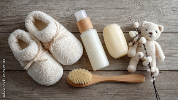 Obraz Neutral-toned image of baby hygiene supplies arranged on a wooden surface