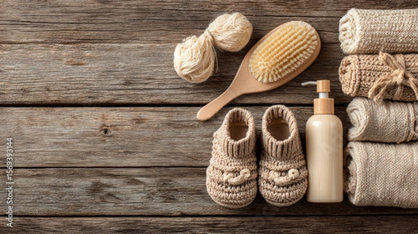 Obraz Neutral-toned image of baby hygiene supplies arranged on a wooden surface