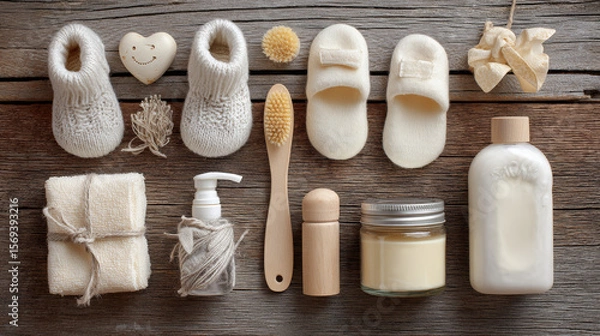 Obraz Neutral-toned image of baby hygiene supplies arranged on a wooden surface