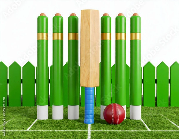 Fototapeta A whimsical cricket match unfolds on a lush green summer day full of sunlit promise rendered in