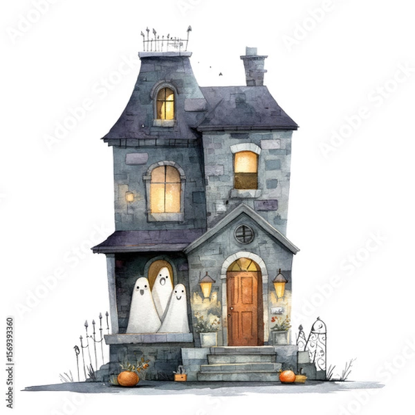 Obraz Spooky Haunted House with Friendly Ghosts Peeking Out from Windows in a Whimsical Halloween Scene