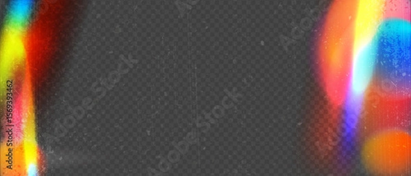 Fototapeta Old grainy film texture with flowing light rainbow rays, Realistic film strip overlay mode, Vector abstract background.