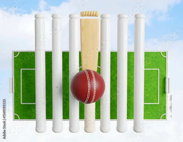 Fototapeta An Intense Match Red Cricket Ball Awaits the Batsman Before the Wickets on Bright Green Field under