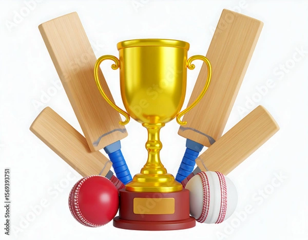 Fototapeta Celebrating Cricket Victory a Gleaming Golden Trophy amidst bats and balls a Symbol of Achievement