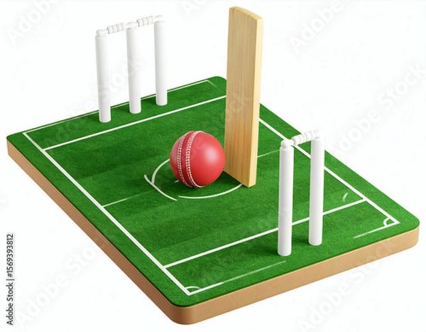 Fototapeta A vivid red cricket ball resting near the wicket preparing for a swing on a green field with soft
