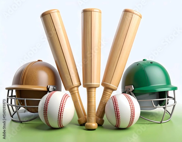 Fototapeta Cricket gear ready for a thrilling match bats poised beside helmets and balls ready for play with