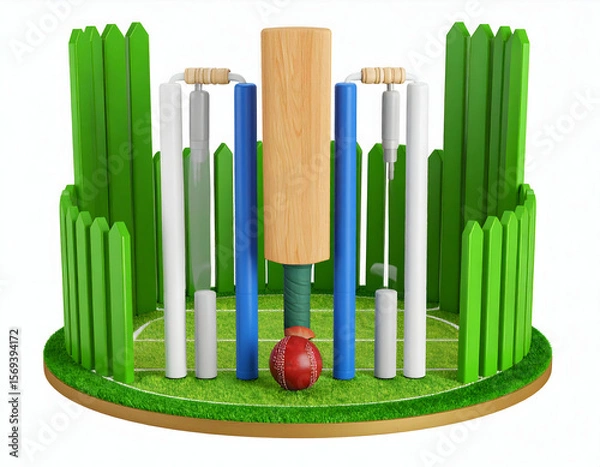Fototapeta Nostalgic cricket dreamscape with bat ball and wickets evoke summer memories on a green white