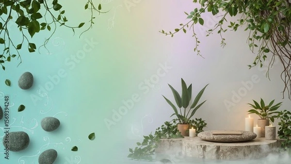 Fototapeta Natural arrangement of smooth sea pebbles and scattered leaves on a sandy surface with copy space, creating a serene, minimalist composition perfect for themes of relaxation, nature, and tranquility
