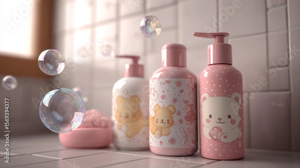 Obraz Realistic 3D design of baby cosmetic containers with playful illustrations and soap bubbles in a tiled bathroom setting