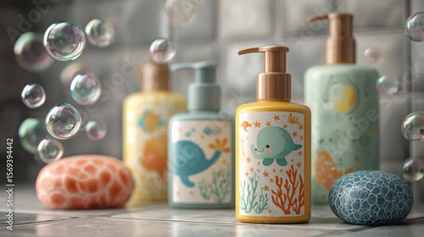 Obraz Realistic 3D design of baby cosmetic containers with playful illustrations and soap bubbles in a tiled bathroom setting
