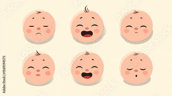 Obraz Set of icons capturing newborn facial expressions--joy, sadness, and sleep--for baby care visuals