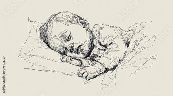 Obraz Single-line vector sketch of a newborn baby sleeping peacefully on a bed