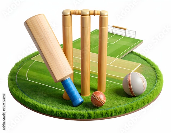 Fototapeta Excitement brews as cricket bat and balls stand ready for play on vibrant green field with soft