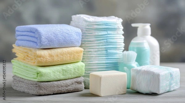 Obraz Stack of diapers and baby cosmetic items arranged as part of a childrenâ€™s hygiene setup