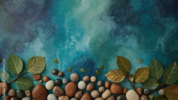 Fototapeta Natural arrangement of smooth sea pebbles and scattered leaves on a sandy surface with copy space, creating a serene, minimalist composition perfect for themes of relaxation, nature, and tranquility
